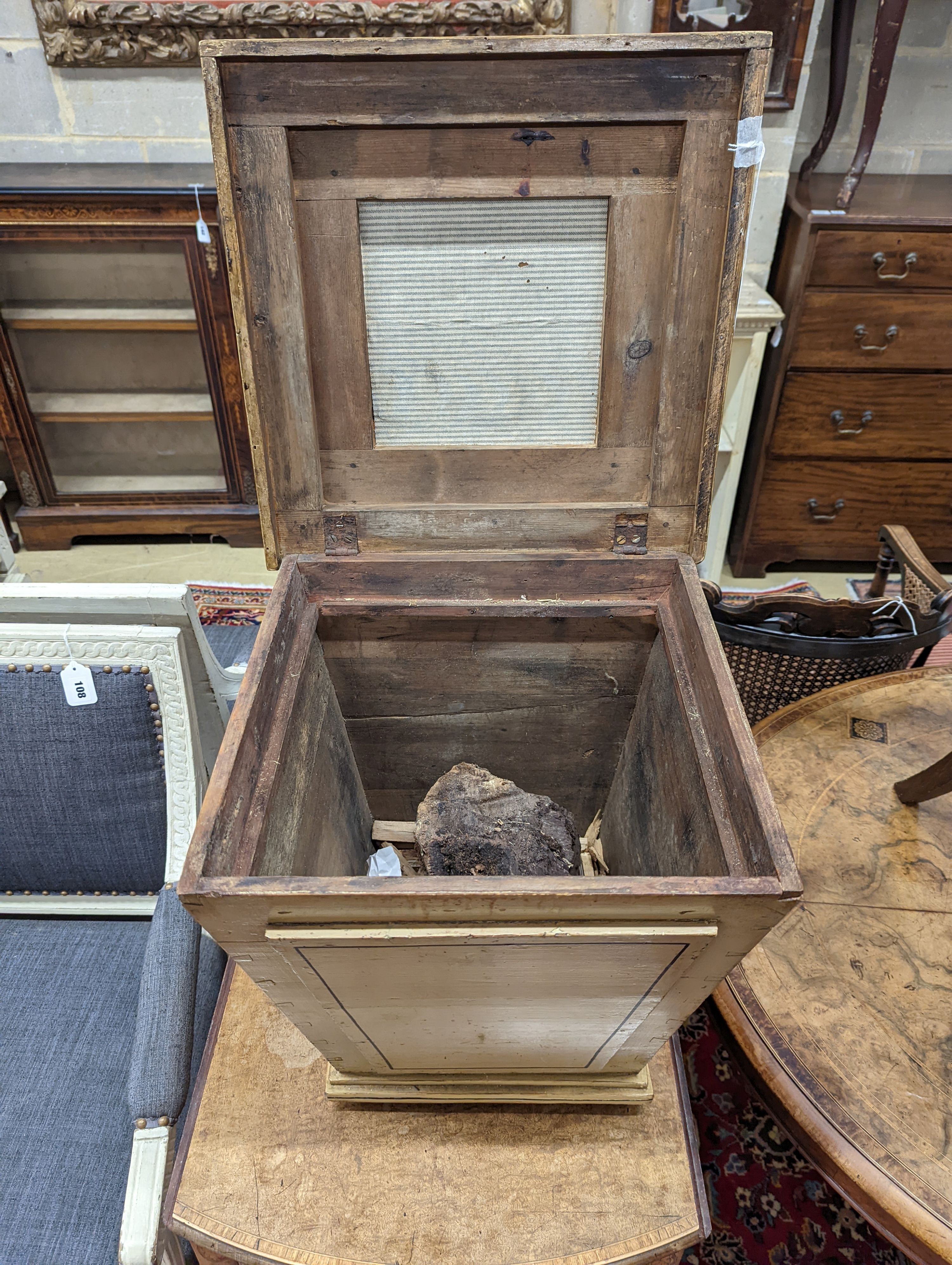 A painted pine sarcophagus shaped coal box with stepped cover, width 43cm, depth 43cm, height 44cm